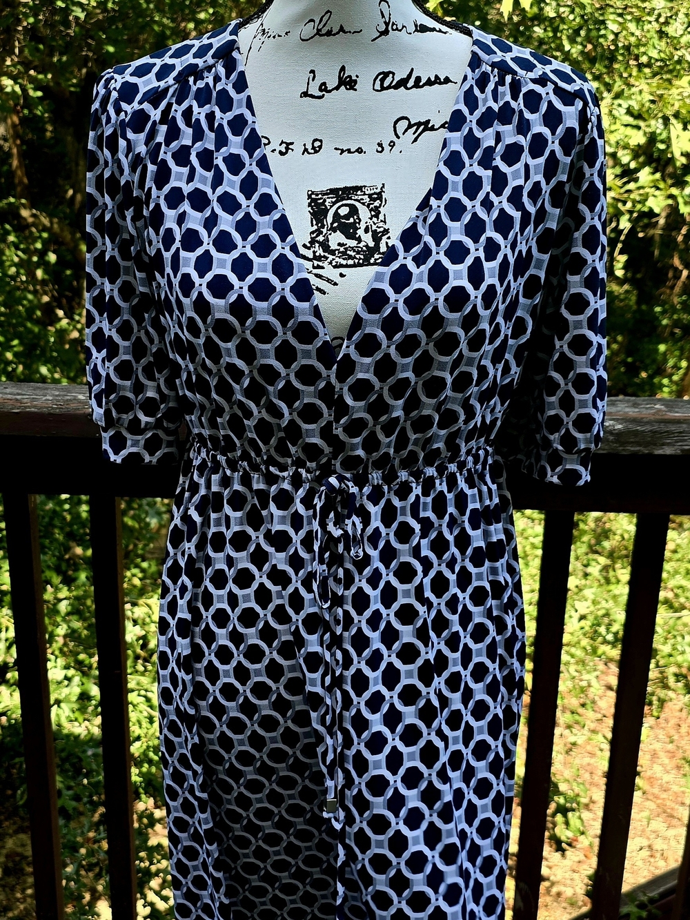 Michael Kors Navy & White Geometric Wrap Midi Dress